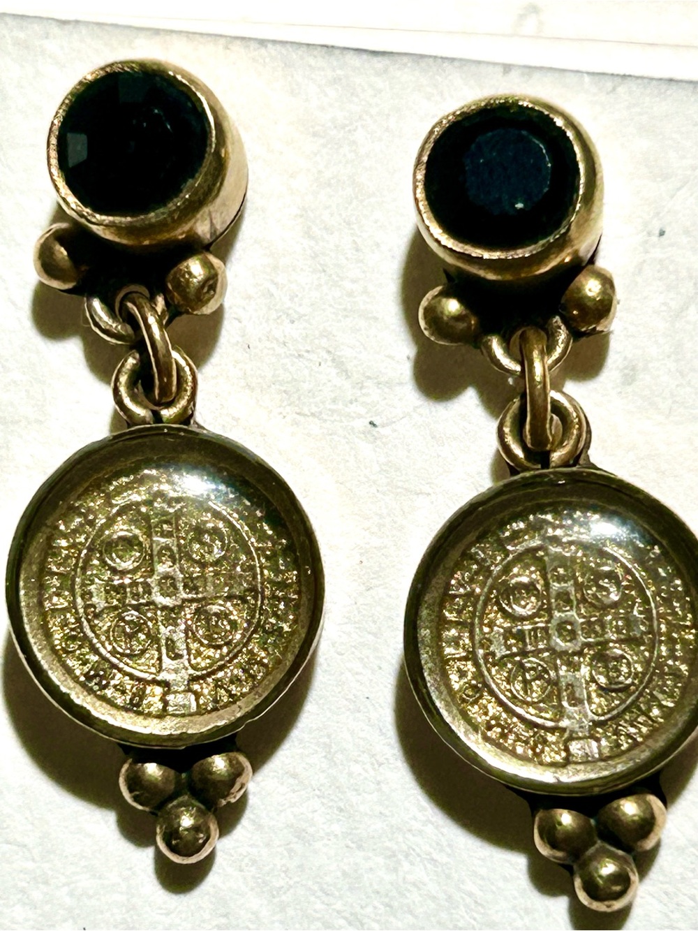 Virgin Saints & Angels Gold Tone Garnet Stone Drop Earrings EUC RARE - Picture 7 of 9